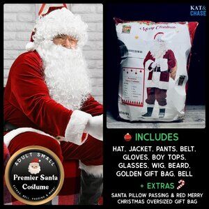 15 Pc Adult Premiere Santa Claus Christmas Holiday Suit Costume S Wig Belly Bag